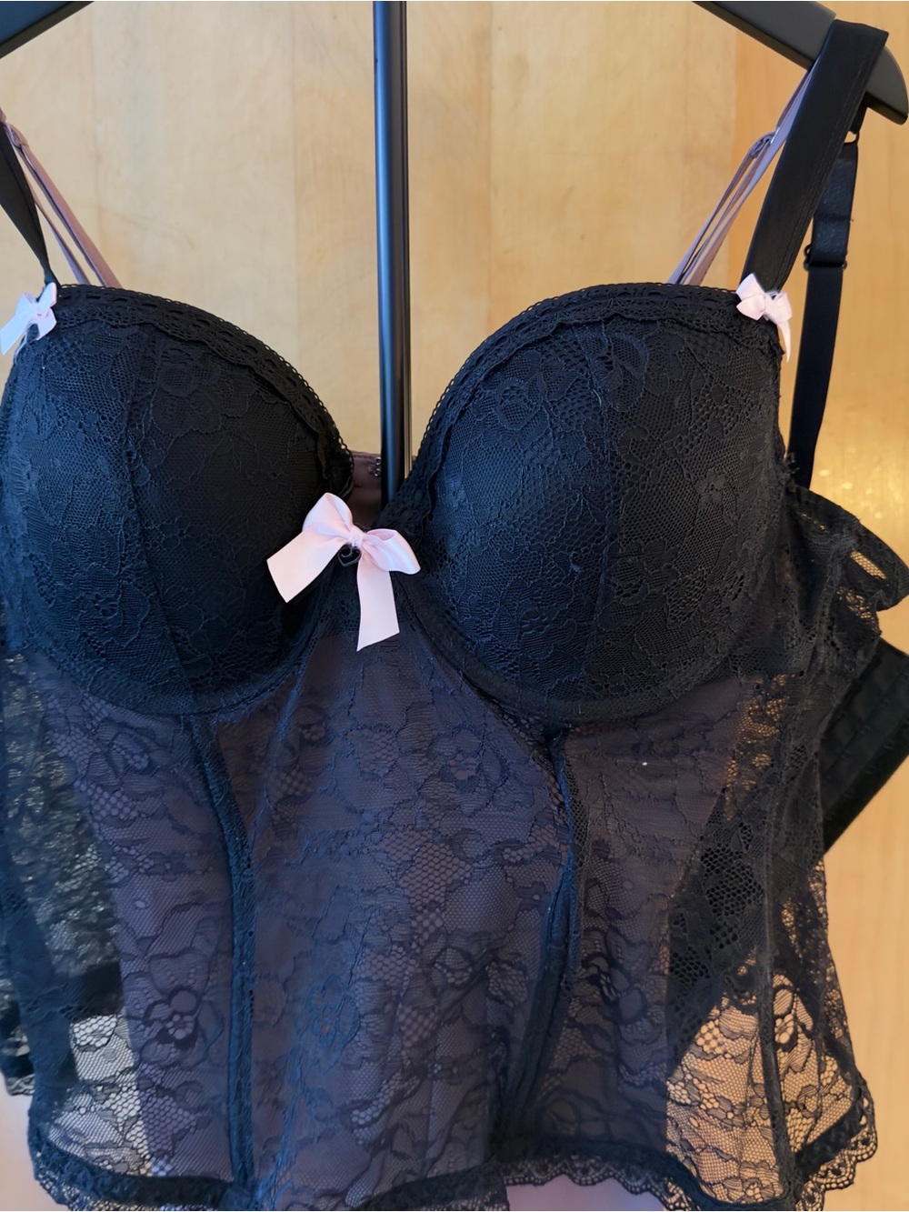 Black Lace Longline Push-Up Bustier Bra with Pink Bow Accents